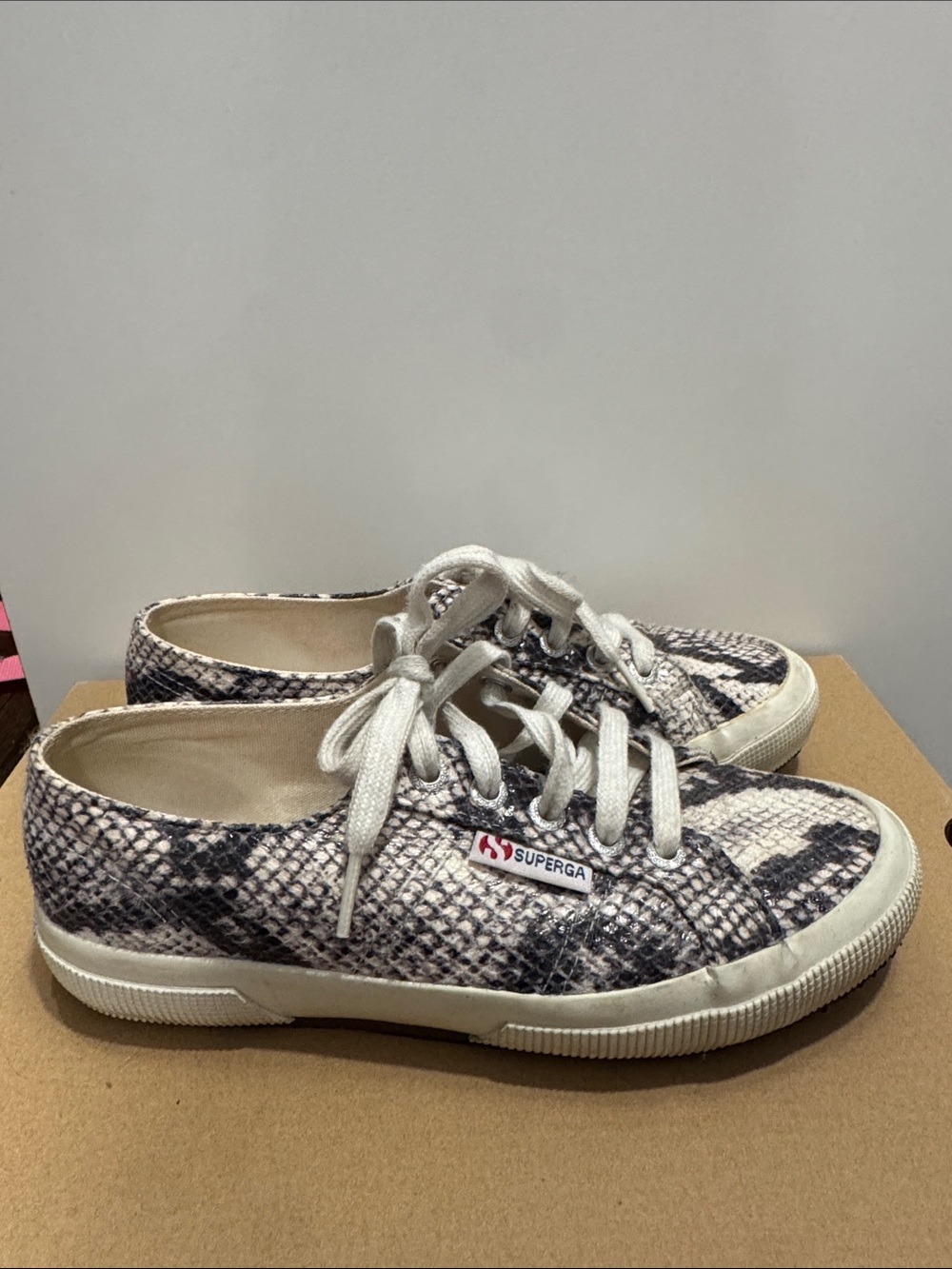 Superga Women's Snake-Print Canvas Sneakers in Cream and Black